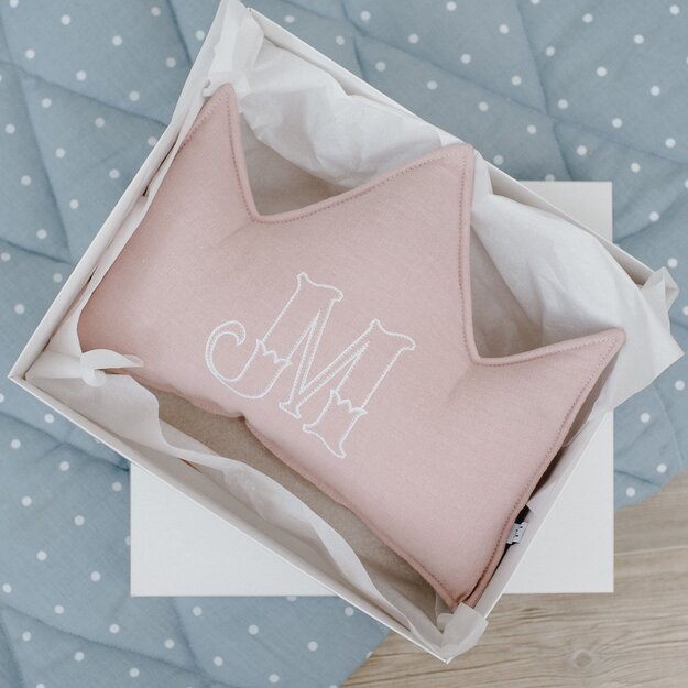 Pink linen (flax) personalized crown pillow