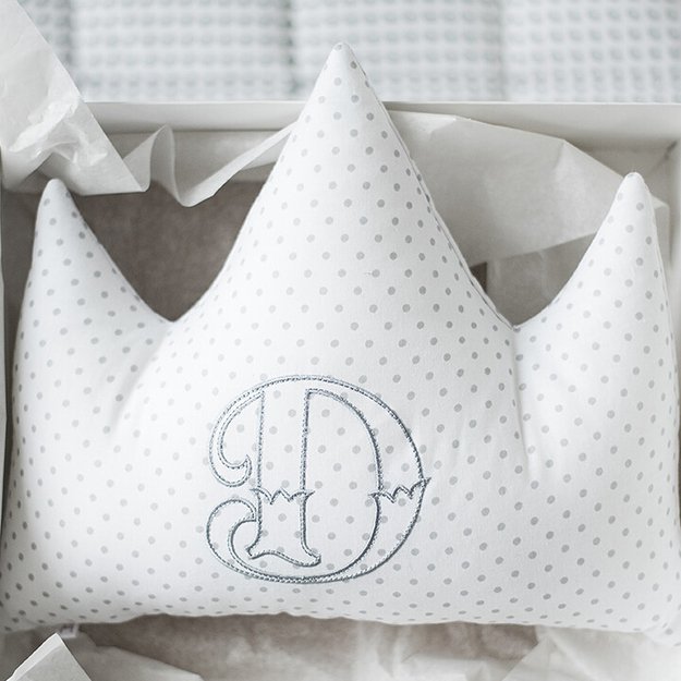 Grey polka dot personalised crown pillow with custom letter