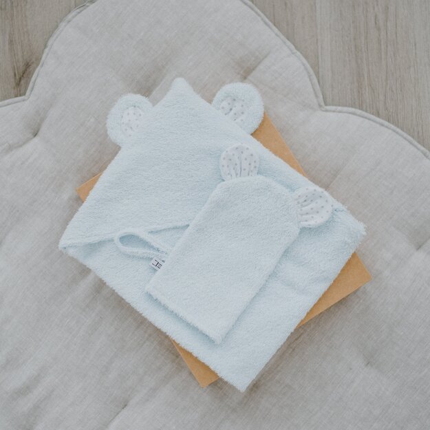 Blue Hooded Towel and Mitten Set