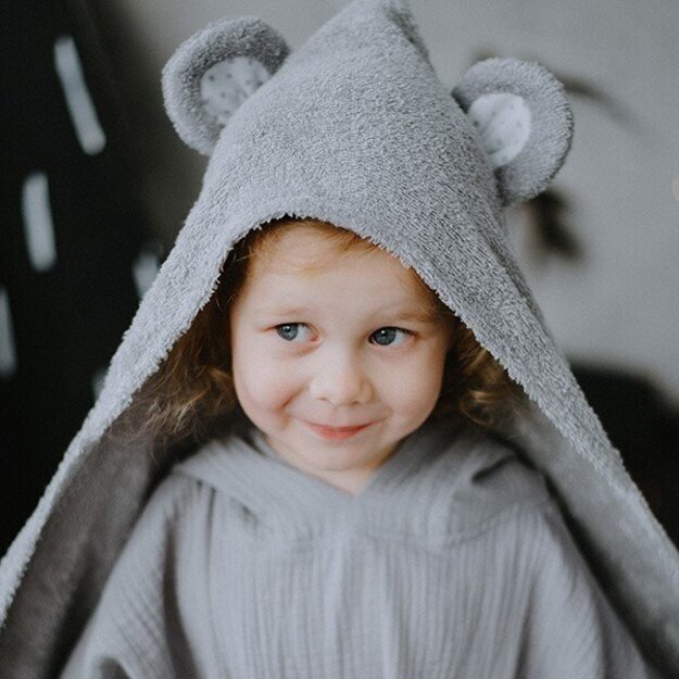 Grey Baby Hooded Towel with Teddy Ears