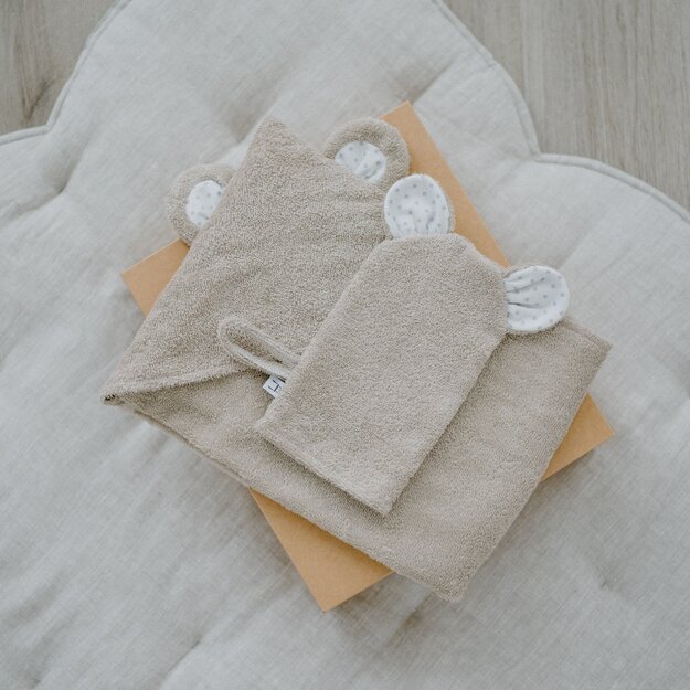 Brown Hooded Towel and Mitten Set